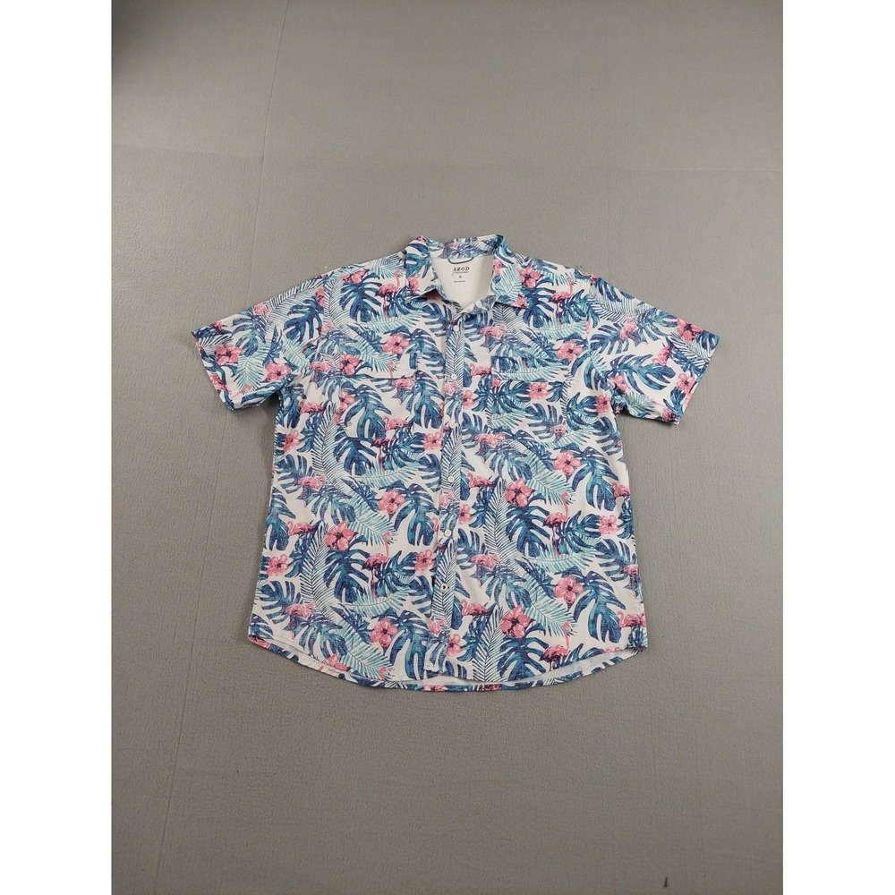 IZOD Saltwater Men Shirt XL Multicolor Palm Print Button Up Short Sleeve Casual